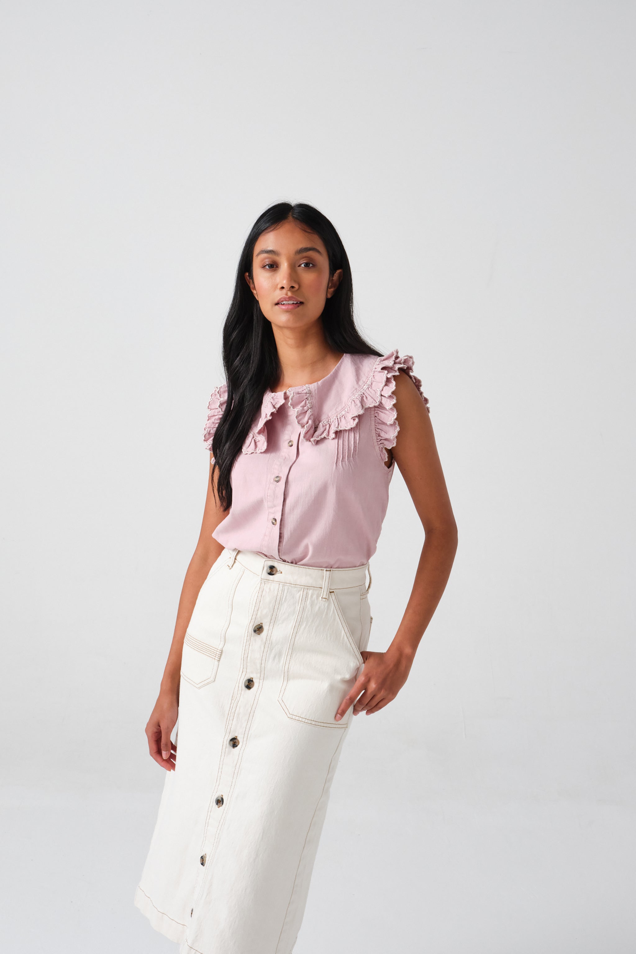 Phoebe Blouse Short Sleeve in Washed Dusty Rose Denim