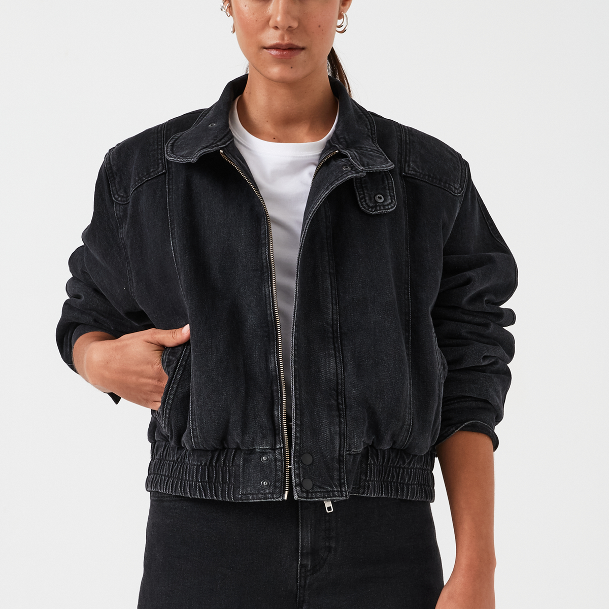 Juno Denim Bomber Jacket in Washed Black