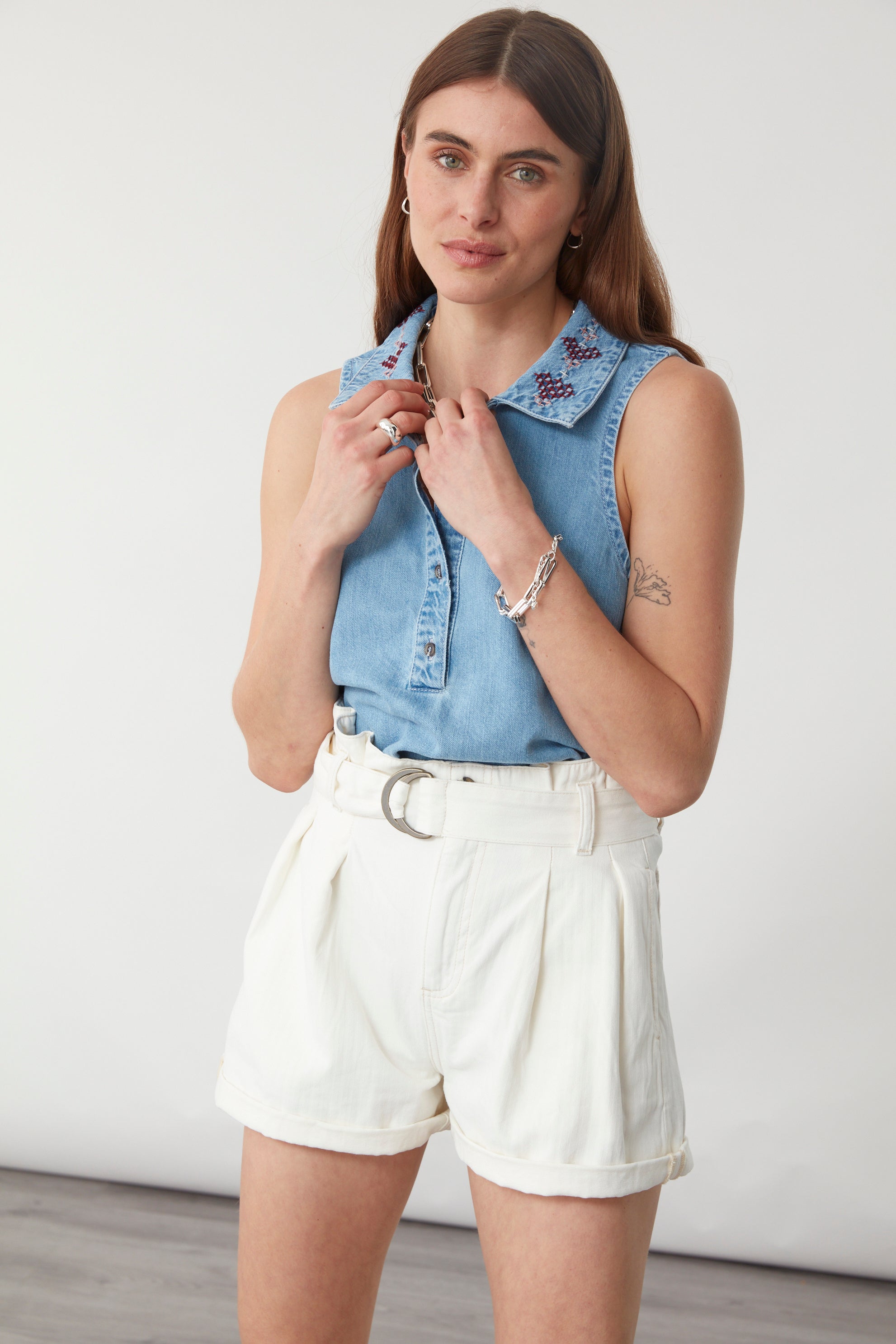 Maia Short in Herringbone Ecru on model - seventy + mochi