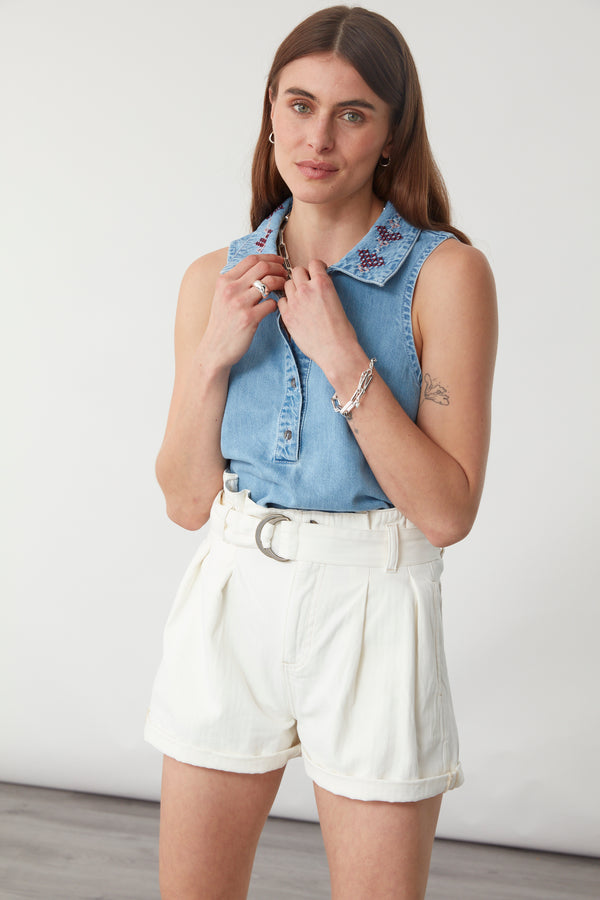 Maia Short in Herringbone Ecru on model - seventy + mochi
