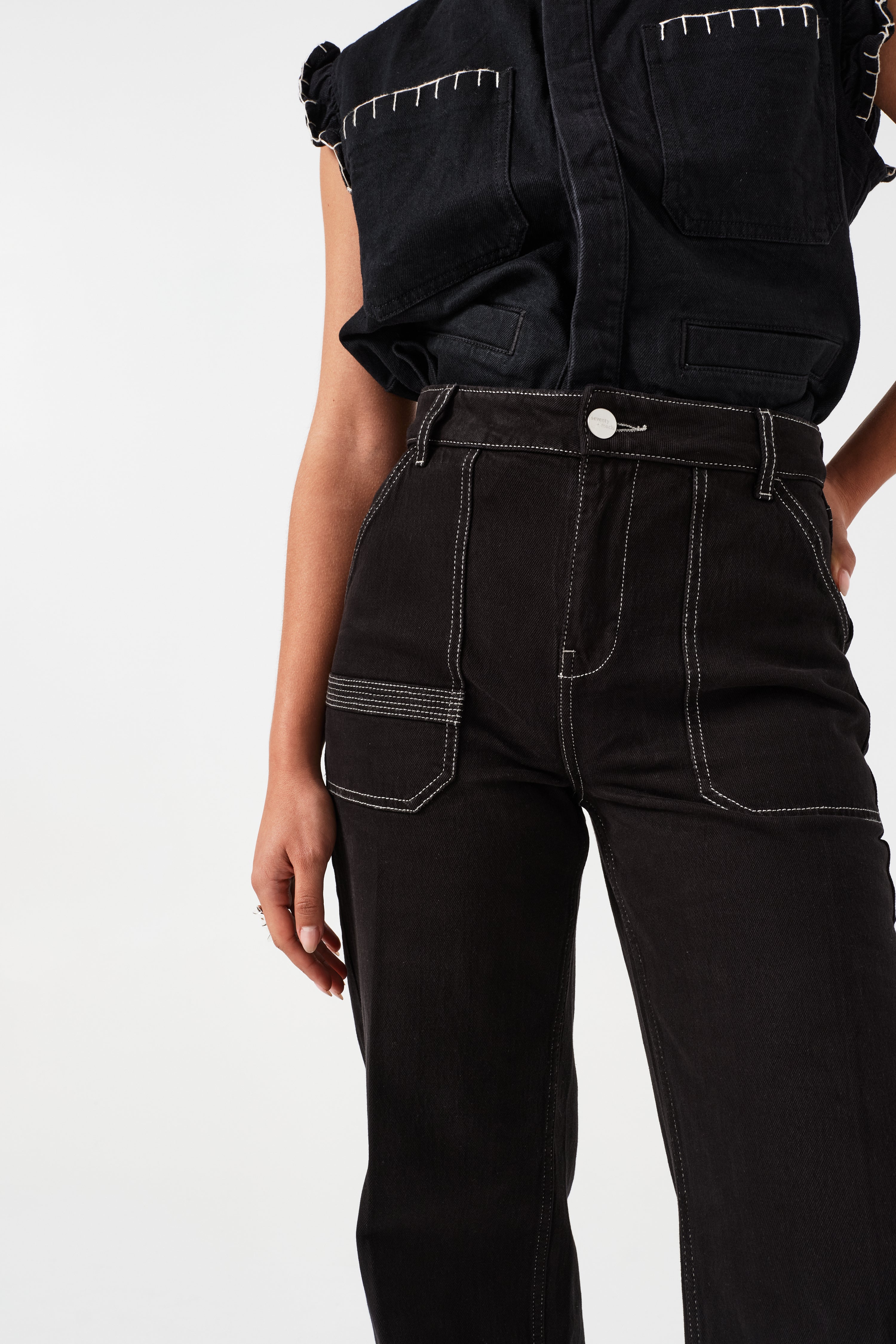 Elodie Full Length Jean in Black & Ecru Thread