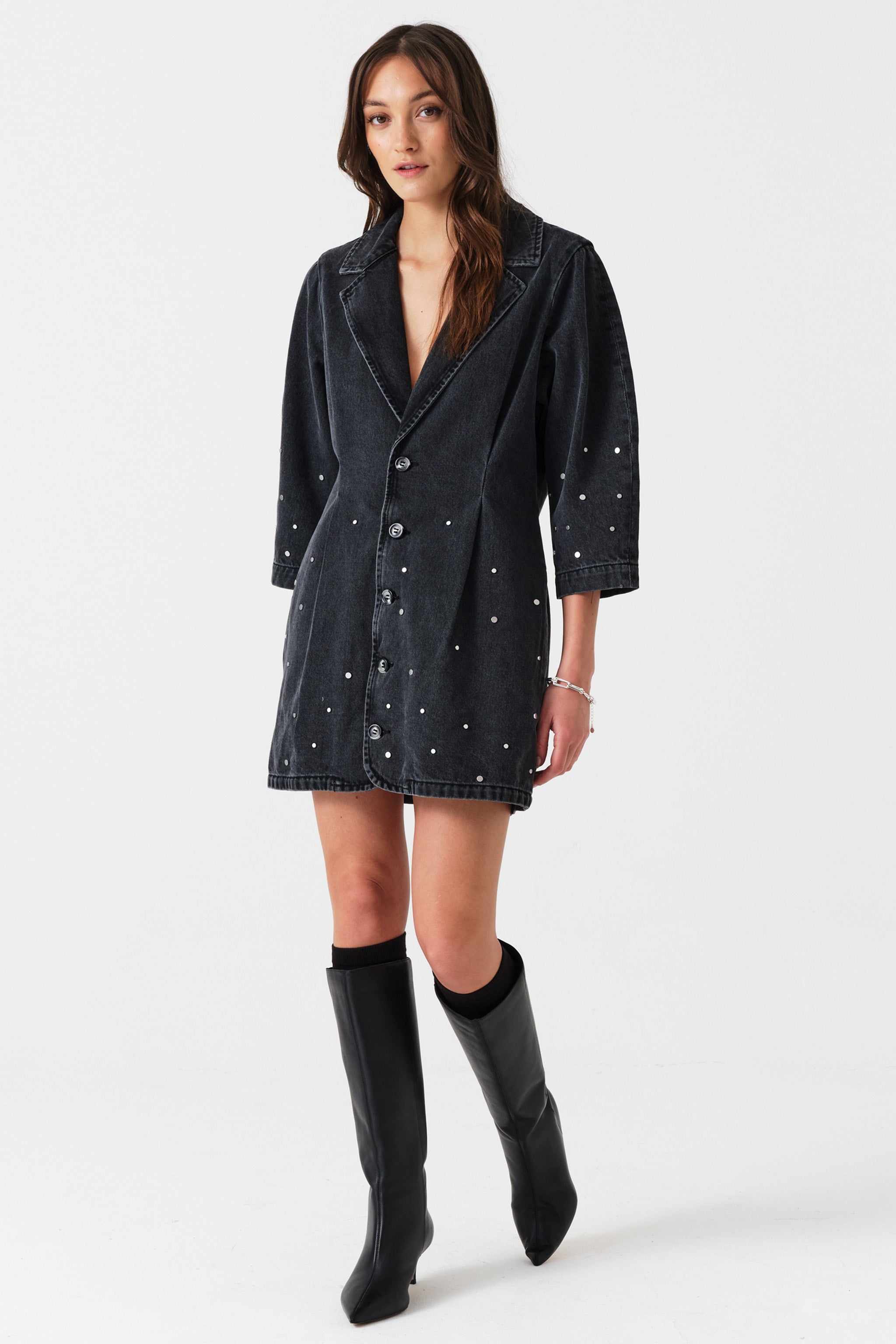 Bette Studded Denim Mini Dress in Raven