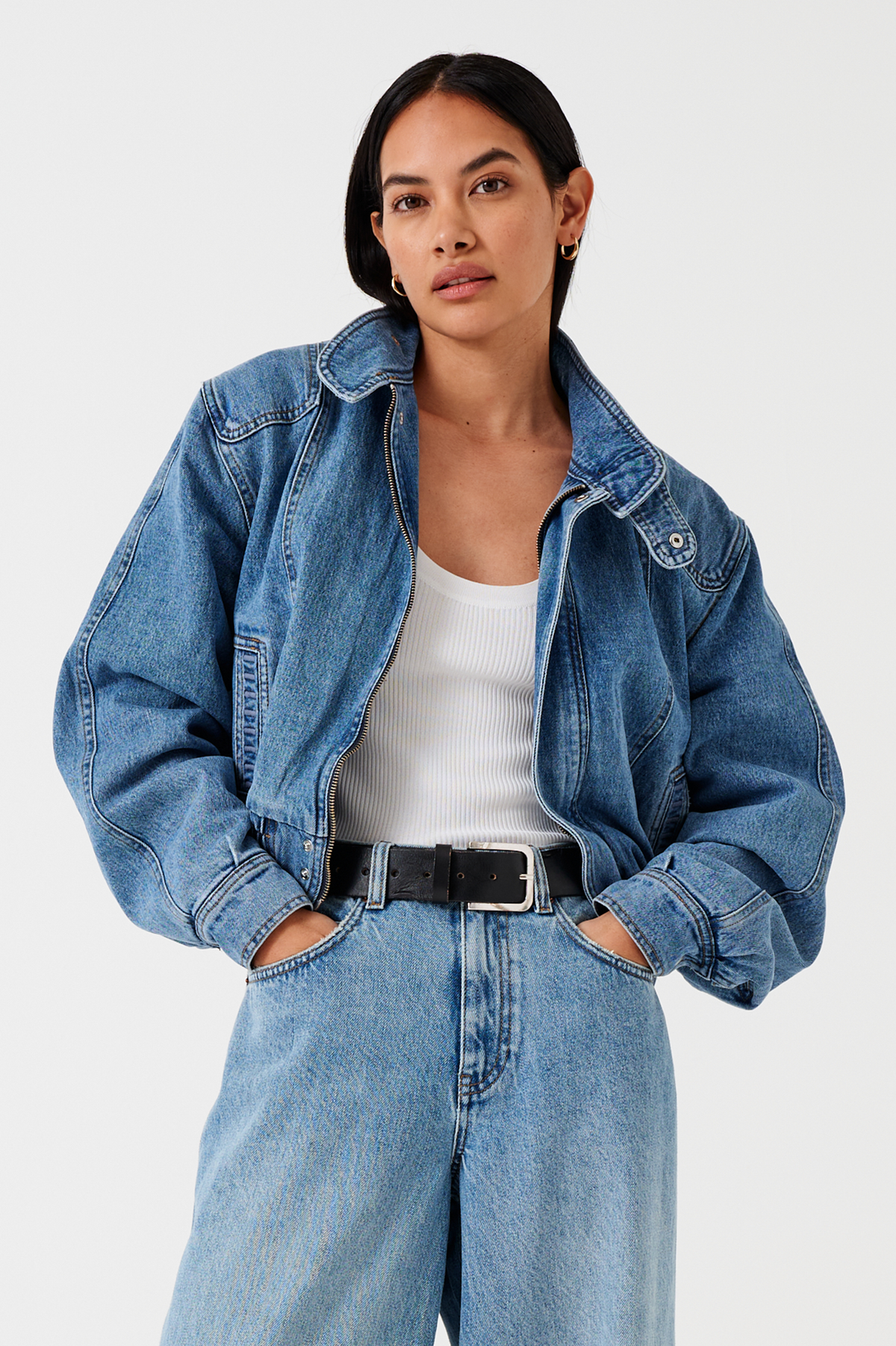 Juno Denim Bomber Jacket in Rodeo – seventy + mochi