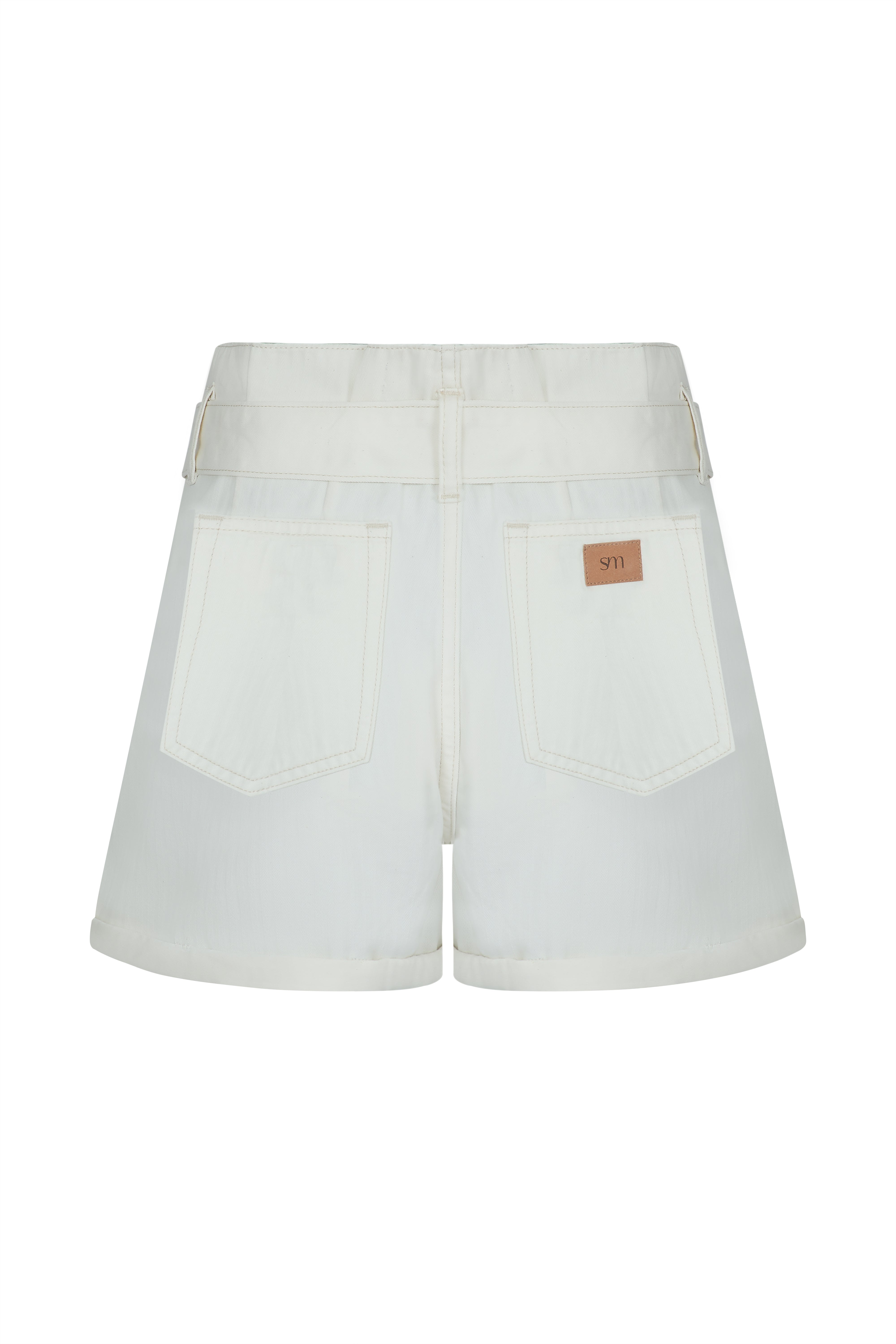 Back of Maia Short in Herringbone Ecru on white background no model