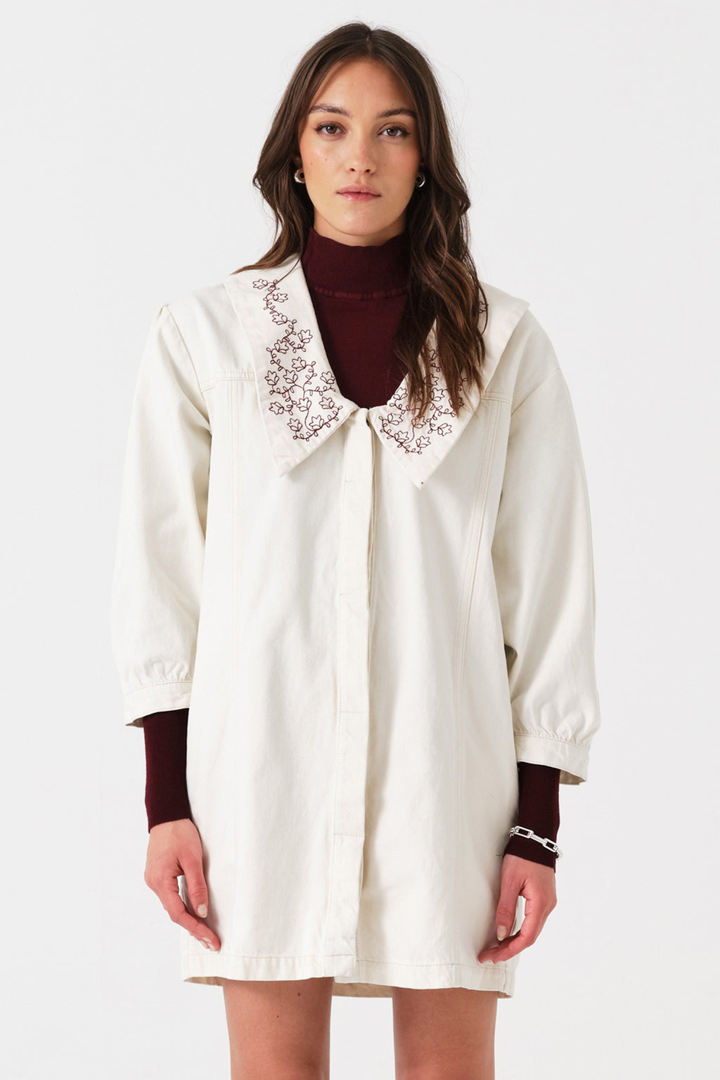 neve mini dress Tilly Flower-Embroidered Denim Mini Dress in Ecru M / Ecru