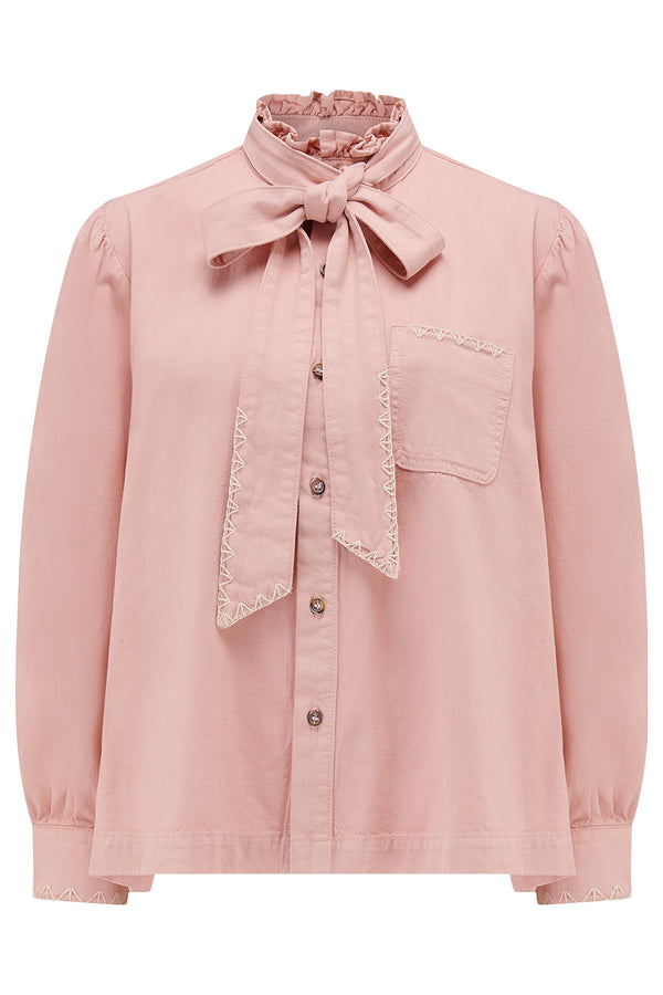 Poet Pussybow Denim Blouse in Peony Pink