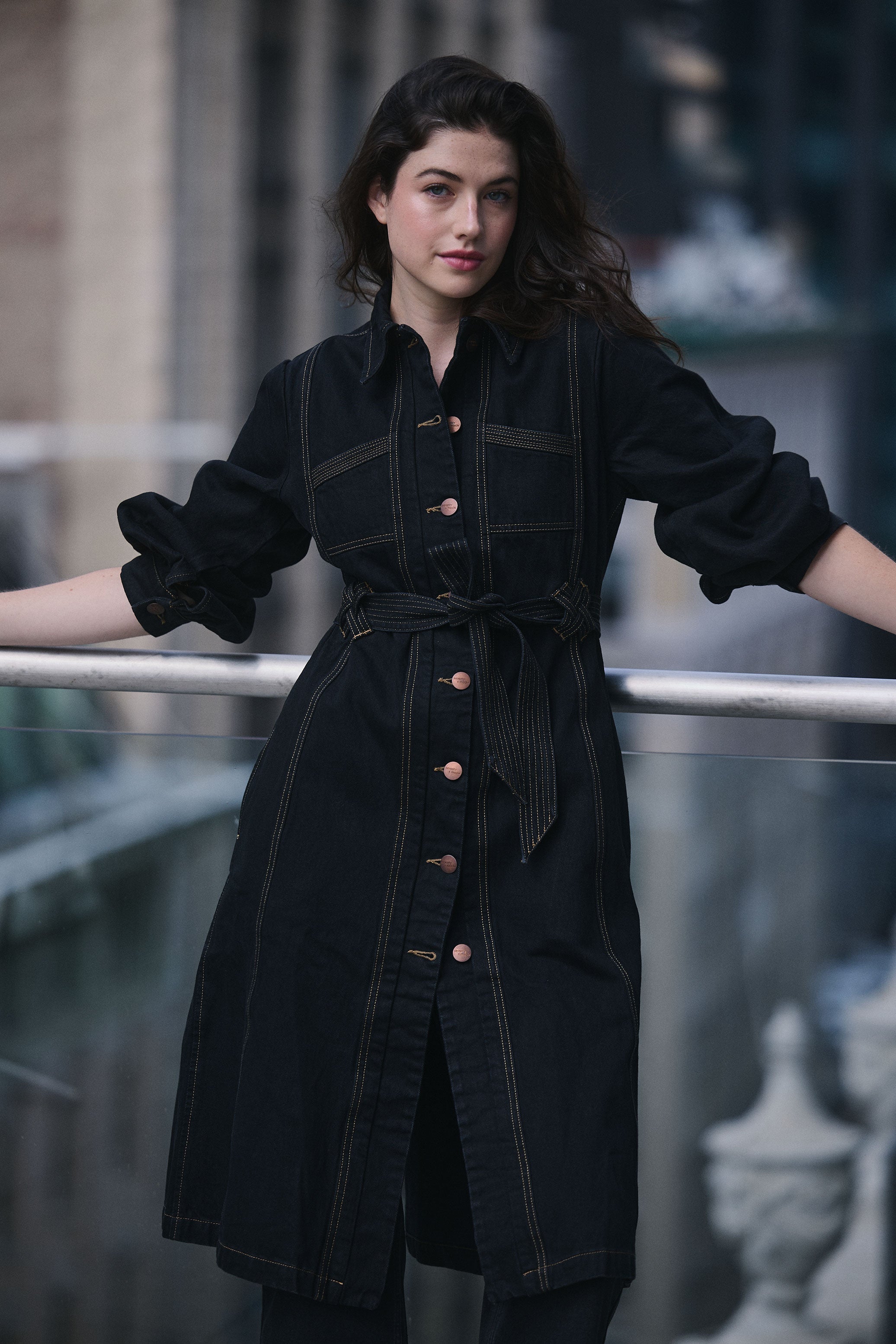 Black denim shop trench coat