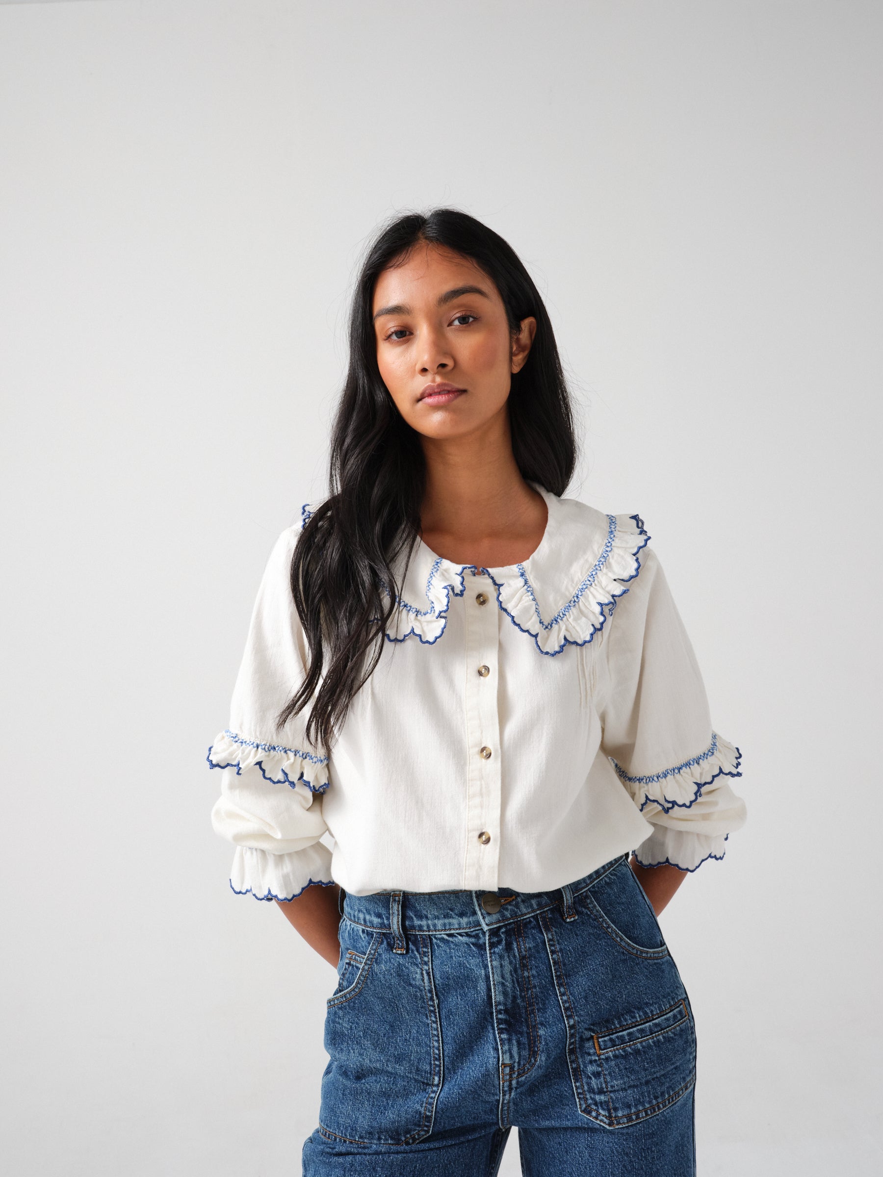 Phoebe Blouse in Ecru and Electric Blue Embroidery