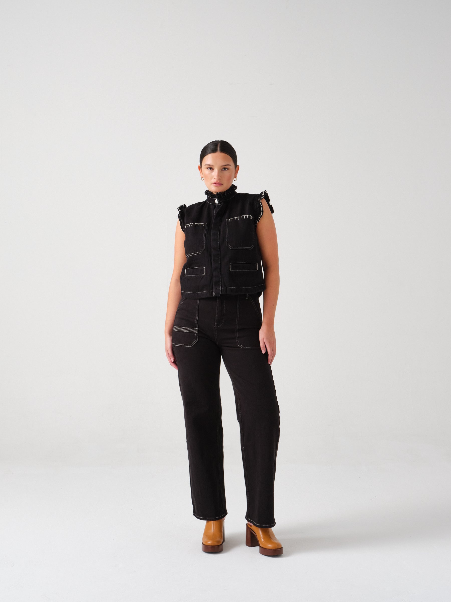 Elodie Full Length Jean in Black & Ecru Thread
