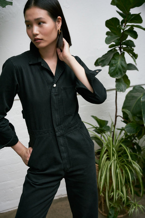 完売THE SHISHIKUI black denim jumpsuit-